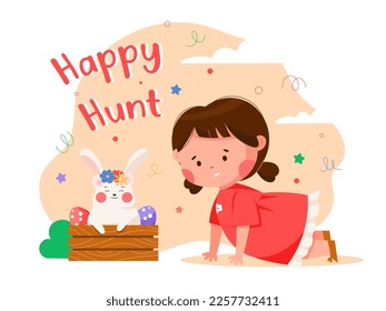 Girl looks at the easter bunny surrounded by easter eggs. Basket with Easter eggs, a rabbit and a cute girl in a red dress. Vector Easter illustration.