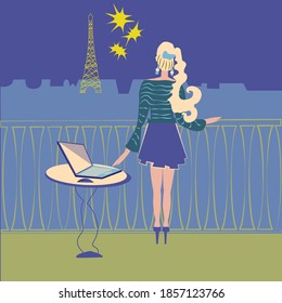 A girl looks at the fireworks and the Eiffel tower.