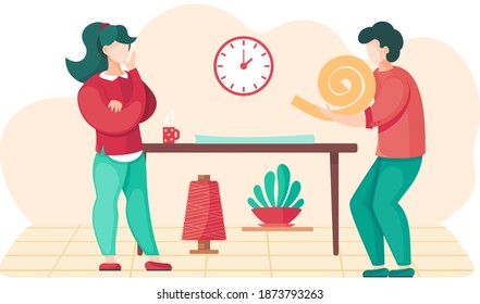 Girl looks at guy and drinks coffee. Man holding a spiral of fabric in his hands. Designers planning design of future garment. People communicate at work. Preparation for tailoring and making clothes