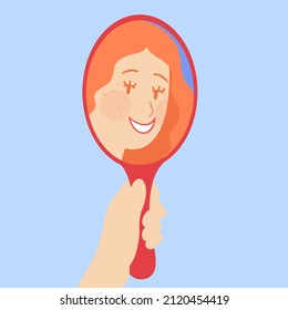 the girl looks at her happy reflection in the mirror. Vector design illustrations
