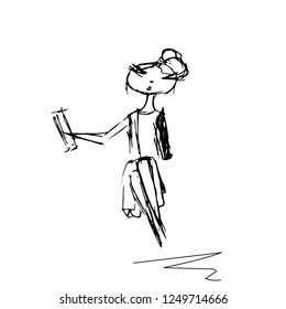 The girl looks at herself in the mirror.  Hand drawn. Sketch.