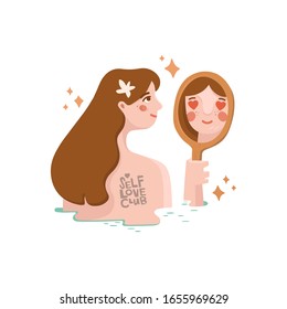 The girl looks at herself in the mirror inspiredly pleased with her beauty while in bubble bath. Self love club lettering and cartoon illustrated girl with brown hair and flower on it.