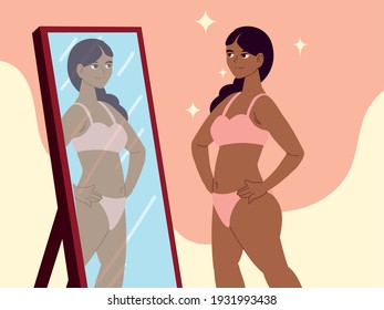 girl looks herself mirror self acceptance