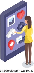 Girl looks at icons of applications on smartphone screen. Social networks, media, phone programs vector illustration. Modern phone desktop interface with apps. Girl interacting with mobile device