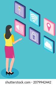 Girl looks at icons of applications of smartphone. Social networks, media, phone programs vector illustration. Messenger, cloud storage, blocking, audio recording apps. Woman studying software