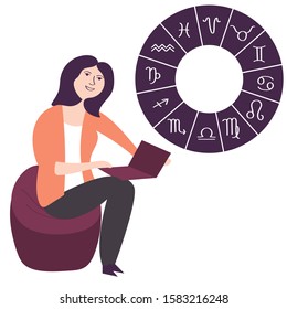 A girl looks at the Internet forecast astrology. Natal personal card. Mystical future. Occultism. Vector editable illustration