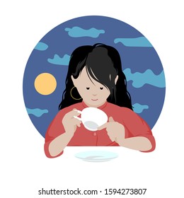 Girl Looks Into A Cup. A Woman Is Fortune Telling On Coffee Grounds. Magic, Prophecy, Witchcraft, To Reading The Tea Leaves.