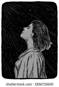 The girl looks into the starry sky. Hand drawn vector illustration in monochrome colors. Abstract retro graphic drawing isolated on white. Element for design prints, shirt, poster, typography, decor.