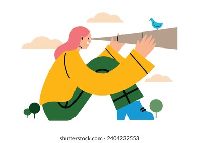 The girl looks into the telescope.