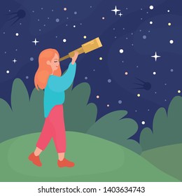 Girl looks into telescope on night starry sky.  Astronomy flat style vector illustration.