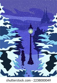 A girl looks at a lantern at night against the backdrop of a nighttime winter landscape with a castle and fir trees.