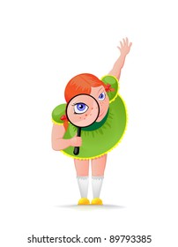 The girl looks in a magnifier. Illustration