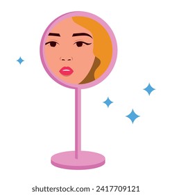 The girl looks in the mirror. He evaluates his appearance and admires it. Vector illustration of a beautiful girl on an isolated background. EPS10


