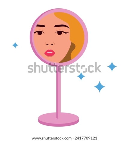 The girl looks in the mirror. He evaluates his appearance and admires it. Vector illustration of a beautiful girl on an isolated background. EPS10


