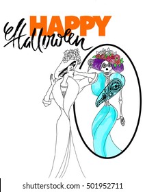 Girl looks in the mirror and sees a skeleton. Retro girl sketch. Happy halloween lettering. Vector illustration.