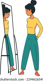 The girl looks in the mirror. Vector character.