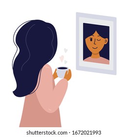 Girl looks in mirror and winks to herself. Young woman in pajamas with cup of coffee in hands smiling at her reflection. Magical morning, love yourself or slow life concept. Vector illustration poster