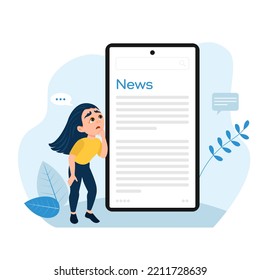 The girl looks at the news feed on the phone, frightened and surprised. Vector illustration