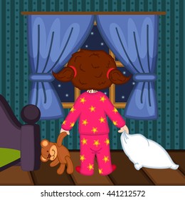girl looks at night sky in window - vector illustration, eps