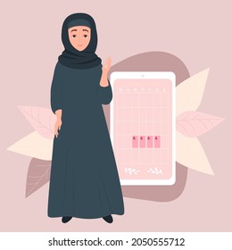 Girl Looks At Online Womens Calendar. Muslim Woman In Hijab. Stands Near Calendar Of Womens Health And Menstruation On Phone Screen. Vector Illustration. Concept Of Female Health 