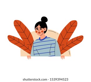 Girl looks out, and behind her leaves cartoon vector illustration