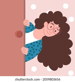 Girl looks out of door. Curiosity concept, neighbor spying, interesting event. Monitoring and searching. Spy keeps track of his target. Cartoon flat vector illustration isolated on white background