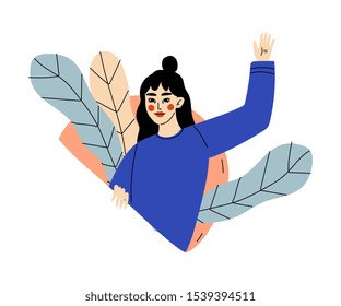 Girl looks out, and hand up and waves cartoon vector illustration