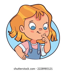 Chica mira del agujero en la hoja de papel con curiosidad. Plantilla para diseño de niños. Personajes de dibujos animados coloridos. Graciosa ilustración vectorial. Estilo cómic. Aislado sobre fondo blanco