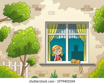 Girl looks out of window. Hand drawn vector illustration with separate layers.