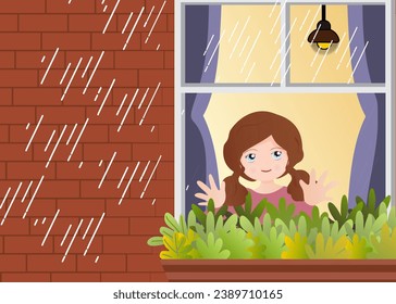 a girl looks out the window at the rain