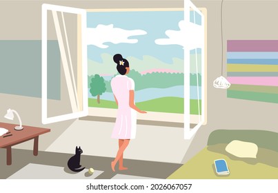 Girl looks out window. Vector illustration. Nice view from window to river. Apartment on first line. Aesthetics interior comfort. Home comfort. Interior design. Tree outside the window.