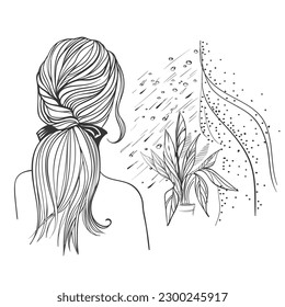 The girl looks out the window,rain outside the window. On the windowsill a pot with a plant Vintage vector sketch in the style of Messy Bun.