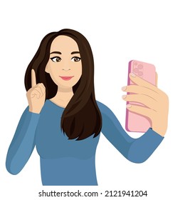 The girl looks at the phone in her hand, girl raised her index finger up, a flat vector, isolates on a white background, a blogger, a public opinion leader, an influential person