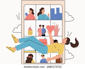 The girl looks at photos on social networks. Social media feed. Vector illustration