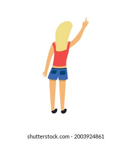 Girl looks up and points a finger at something. Back view. Colorful isolated vector illustration hand drawn