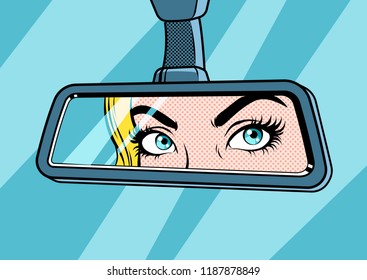 Girl looks in the rear view mirror. Pop art vector illustration.