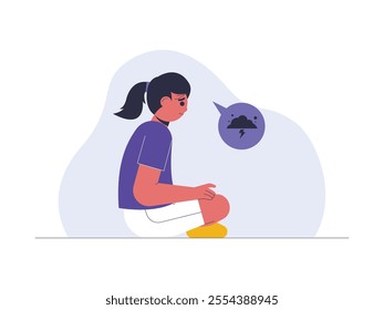 A girl looks sad and worried, thinking about something that makes her anxious, there are thought bubbles that imply negative feelings such as sadness, fear, health problems vector illustration.