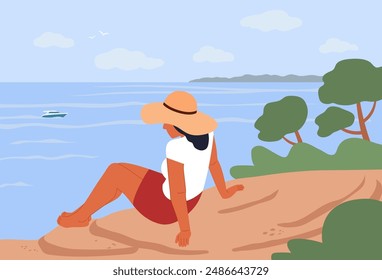 The girl looks at the sea and the yacht, enjoying the summer seascape. Female character wearing a hat spends time alone. Relaxed person sitting on the shore, vector flat illustration.