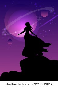 Girl looks at the sky .  Vector illustration cosmos,planets and the universe  for web banner, presentation,  landing page
