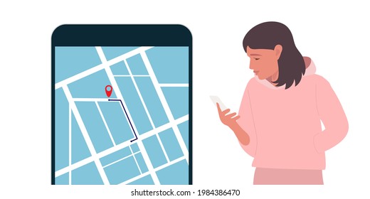 Girl Looks At Smartphone. Mobile Phone Maps. Finding Right Place In Map. Female Character Using Mobile Phone. Location Tracking App On Smartphone. Mobile Gps Navigation Flat Vector Illuctration.