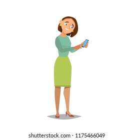 The girl looks in a smartphone. Vector illustration in cartoon style