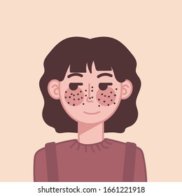 The girl looks suspiciously to the side. Girl with curly hair and freckles. Icon of a girl with freckles.