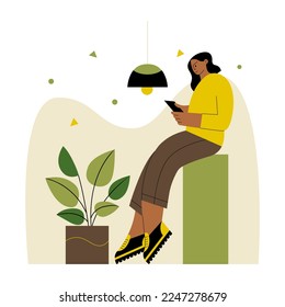 La chica mira el comprimido. Ilustración plana vectorial aislada en fondo blanco.