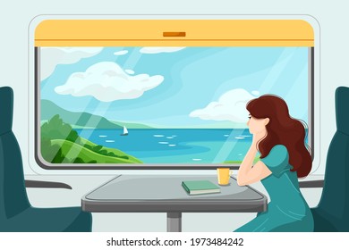 The girl looks thoughtfully from the train window. The girl is sitting in a train carriage. Summer travel. Vector illustration. Summer vacation at the sea. Seascape through the train window.