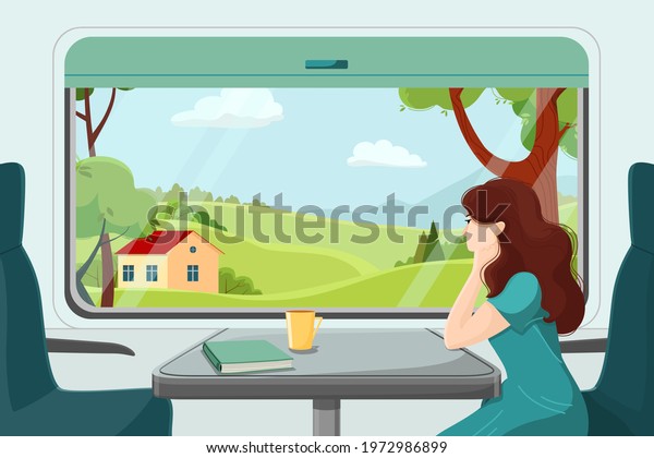 The girl\
looks thoughtfully from the train window. Rural landscape outside\
the carriage window. The girl is sitting in a train carriage.\
Summer travel. Vector\
illustration.