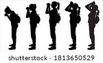 Girl looks through binoculars. Looks down, straight ahead, up. Tourist with a backpack on back and binoculars in hands. Stands straight, side view. Five black female silhouettes isolated. Birdman.