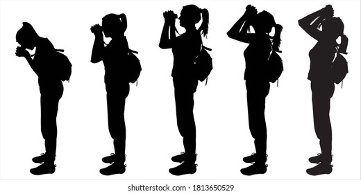 Girl looks through binoculars. Looks down, straight ahead, up. Tourist with a backpack on back and binoculars in hands. Stands straight, side view. Five black female silhouettes isolated. Birdman.