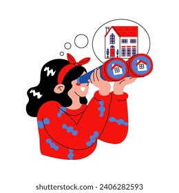 The girl looks through binoculars. Search for a profitable protection or rental of a house. Real estate investments. Image for rental business. Vector illustration isolated on a transparent background