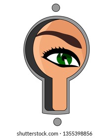 The girl looks through the keyhole