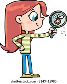 Girl Looks Through A Magnifying Glass At A Flying Bug